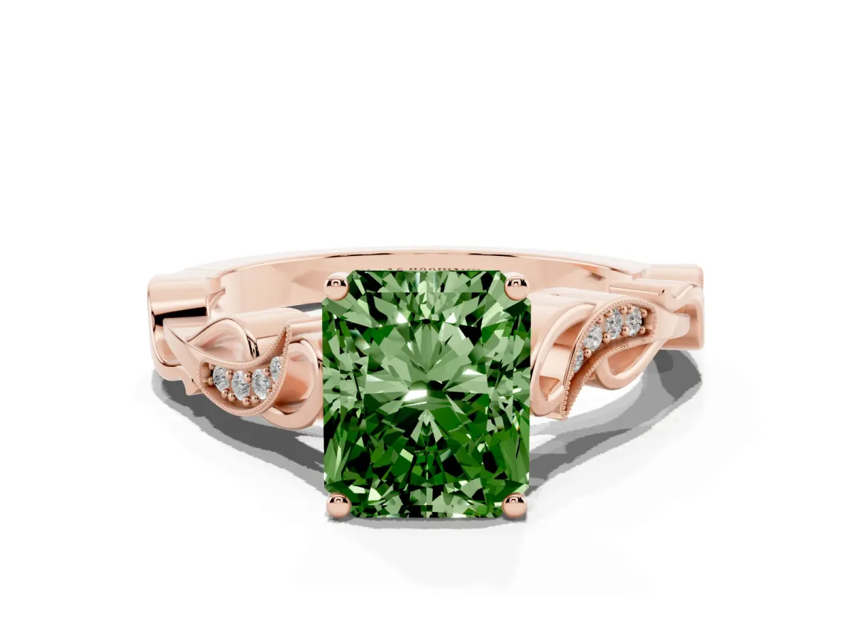 Fancy Green Radiant Cut Solitaire Vine Band with Milgrain Prong Setting Rose gold