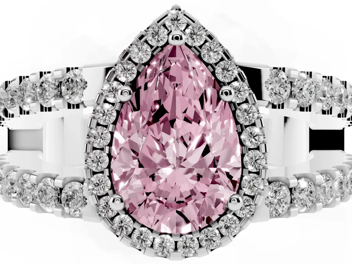 Fancy Pink Pear Cut Cut Halo Split Shank Diamond Ring with Four-Prong Setting Platinum