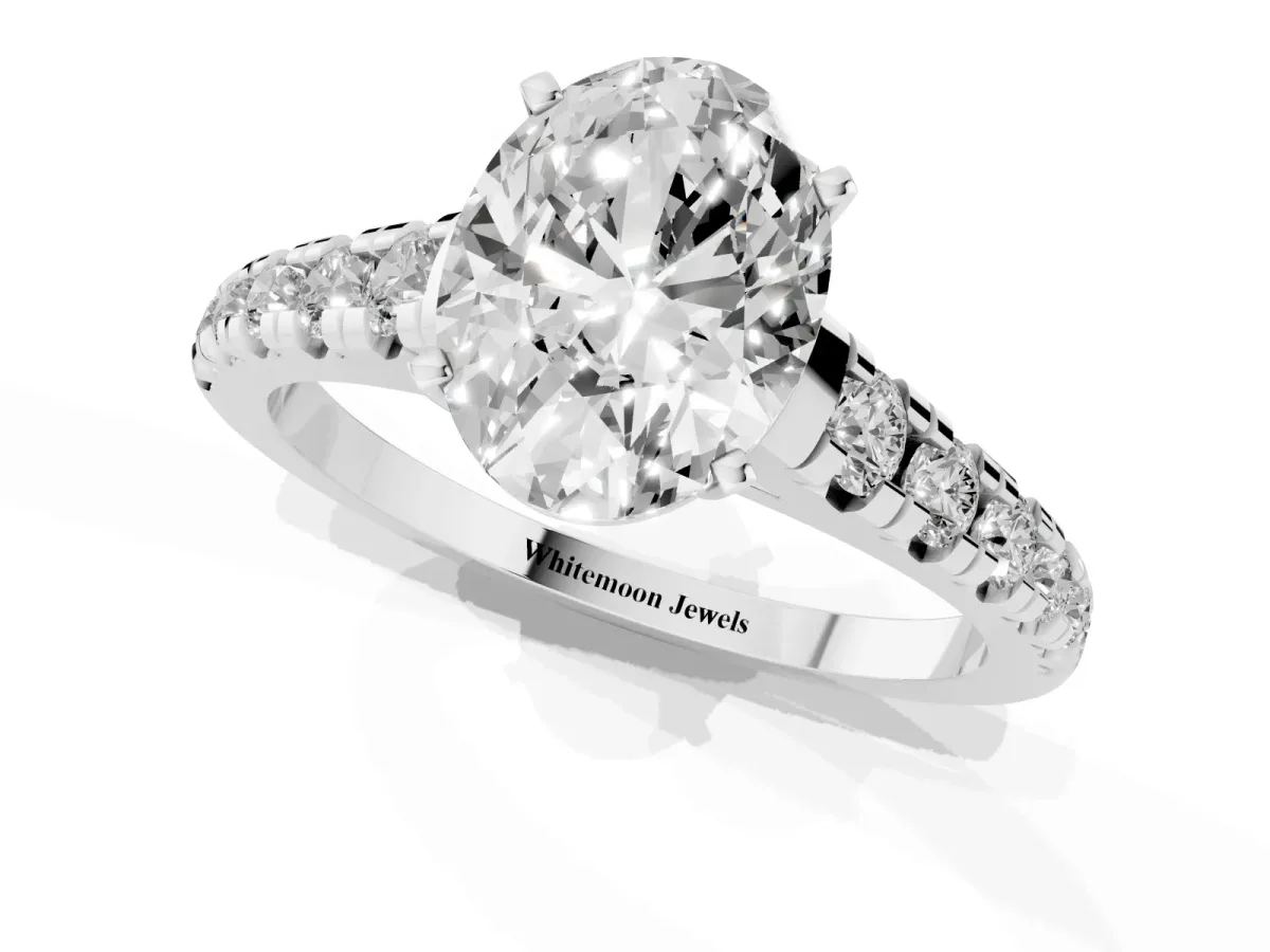 Oval Cut Diamond Cathedral Solitaire Ring with Round Pavé Band Silver