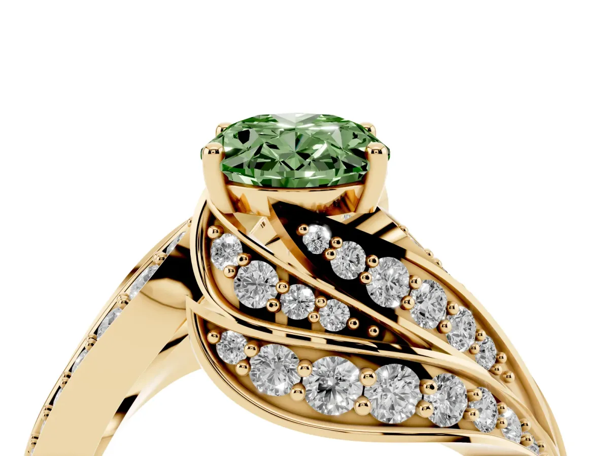 Fancy Green Oval Cut Diamond Solitaire Ring with Prong Setting and Twisted Pavé Band Yellow gold