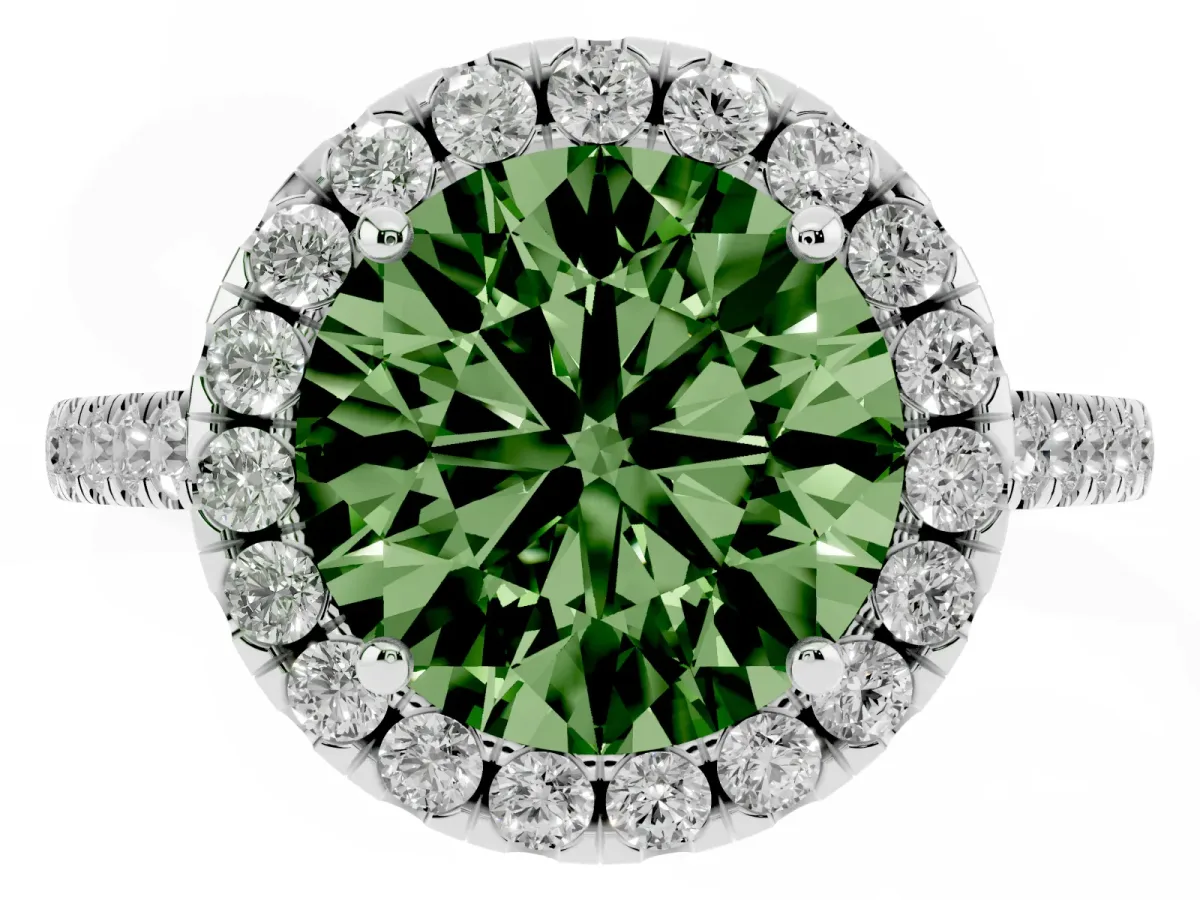 Fancy Green Round Cut Halo Pavé Diamond Engagement Ring with Four-Prong Setting Silver