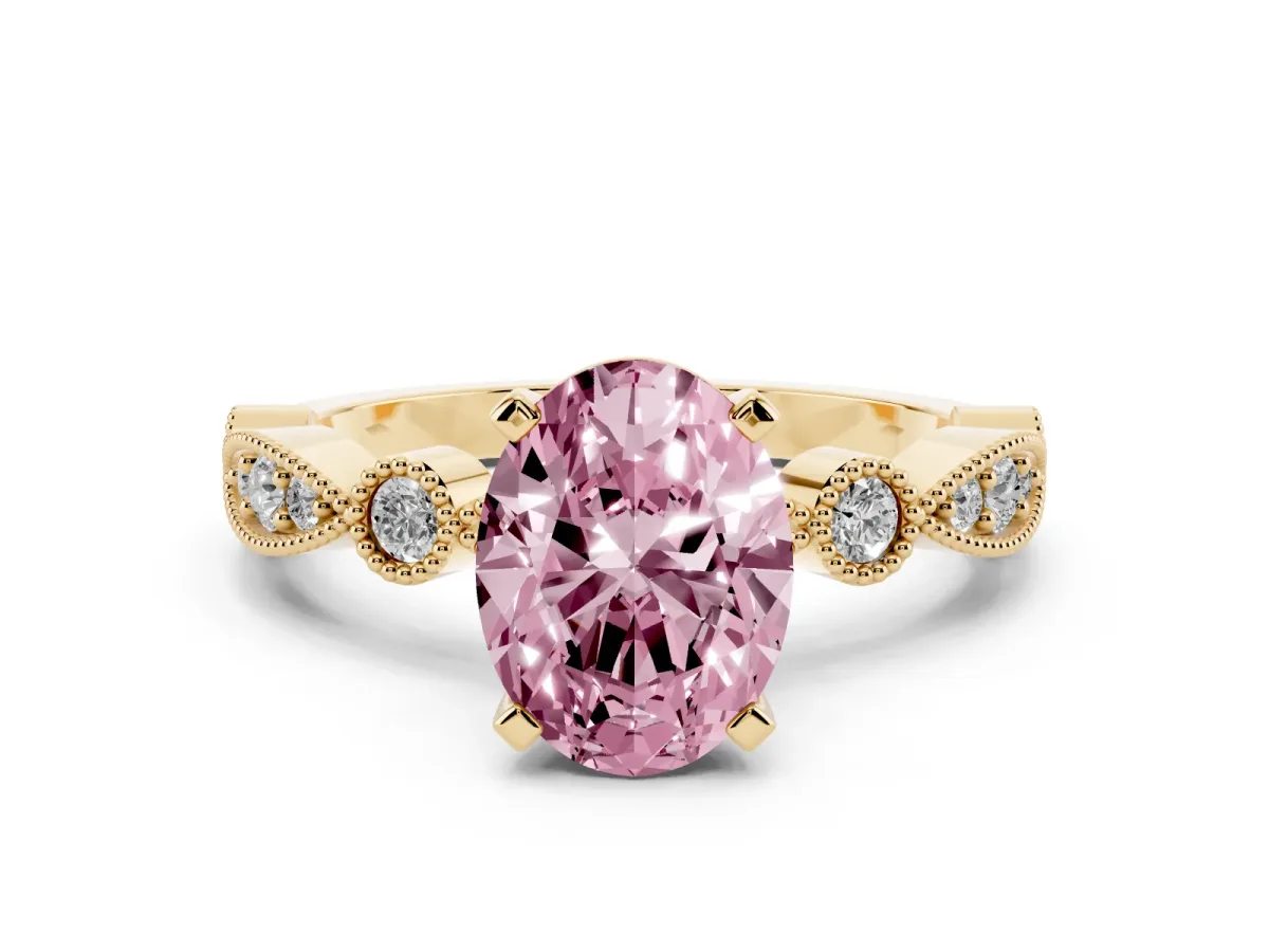 Fancy Pink Oval Cut Milgrain Bezel Diamond Engagement Ring with Solitaire Prong Setting Yellow gold