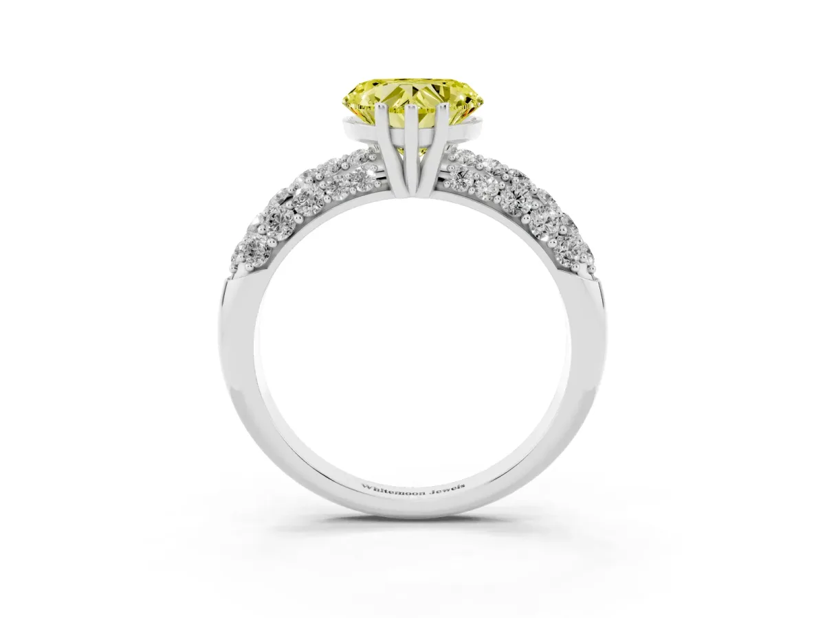 Fancy Yellow Heart Cut Diamond Pavé Band Solitaire Ring with Four-Prong Setting Silver