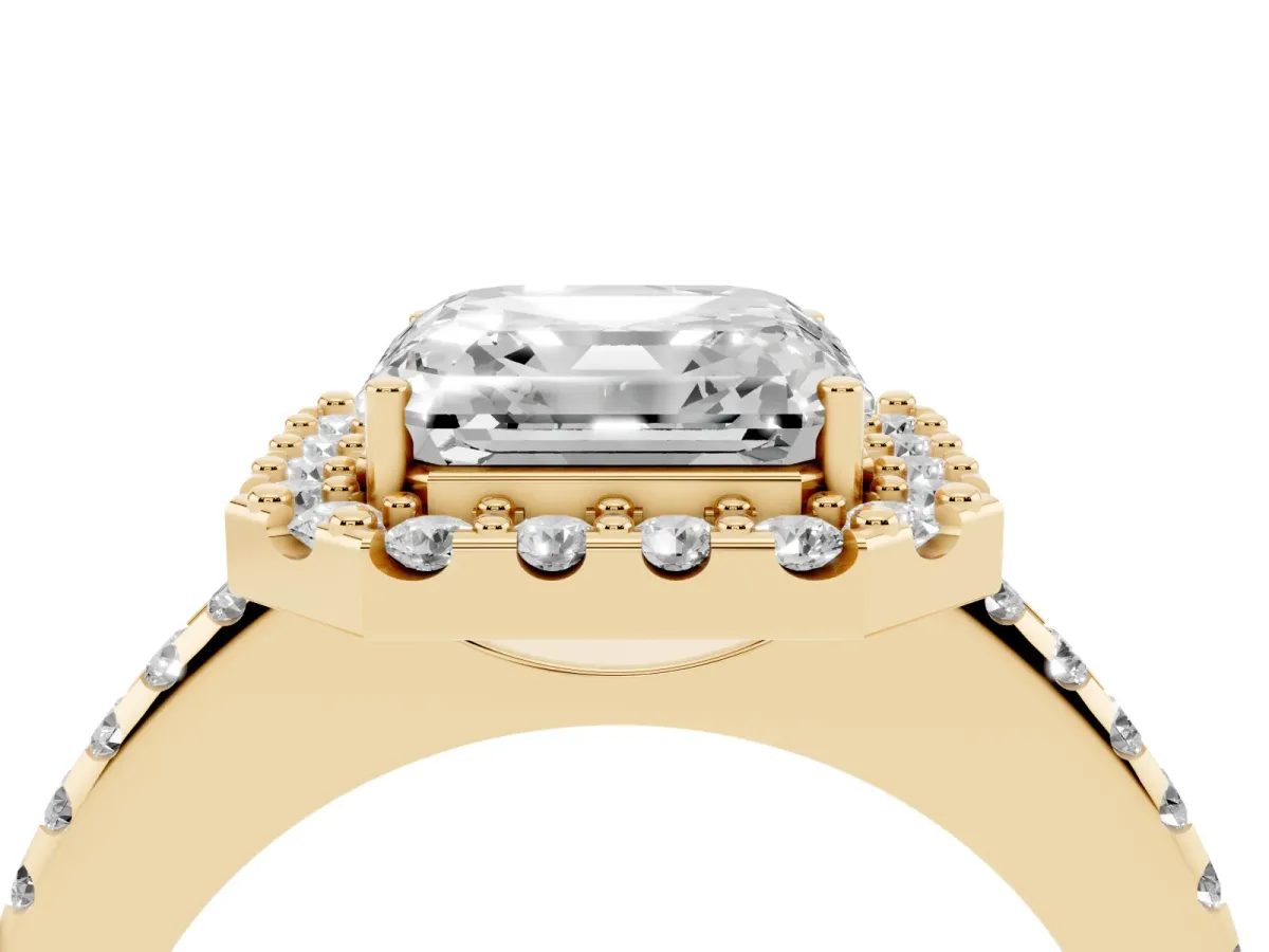 Asscher Cut Diamond Pavé Halo Ring with Four-Prong Setting Yellow gold