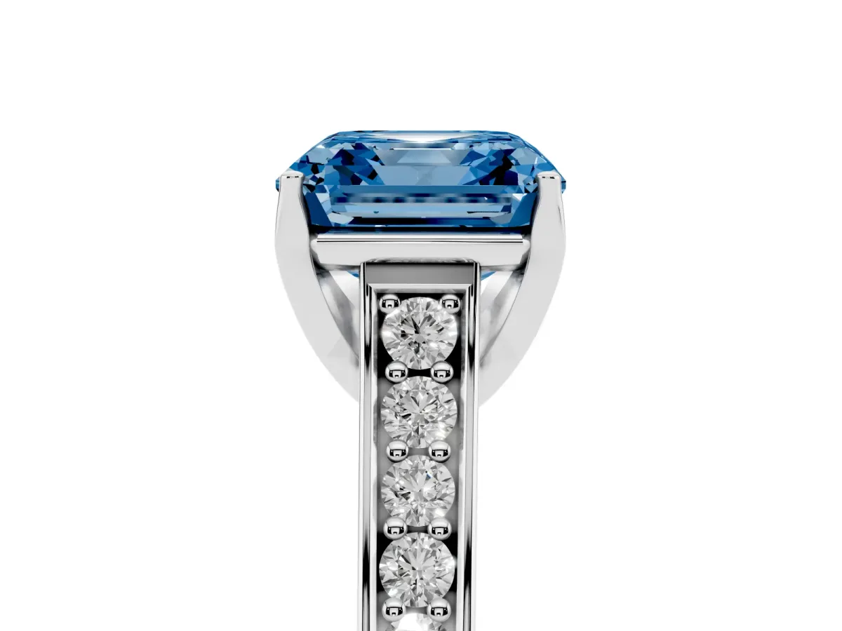 Fancy Blue Asscher Cut Brilliant Cut Diamond Engagement Ring with Pavé Band and Four-Prong Setting White gold
