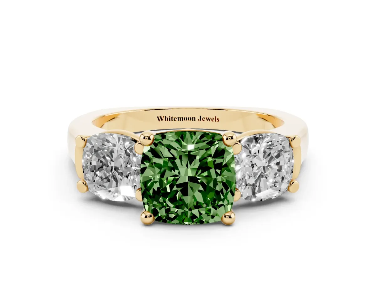 Fancy Green Three-Stone Cushion Cut Brilliant Diamond Trellis Ring with Comfort Fit Band Yellow gold