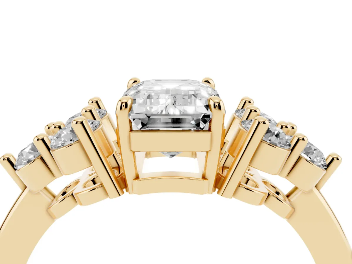 Emerald Cut Brilliant Diamond Cluster Accent Solitaire Ring with Prong Setting Yellow gold
