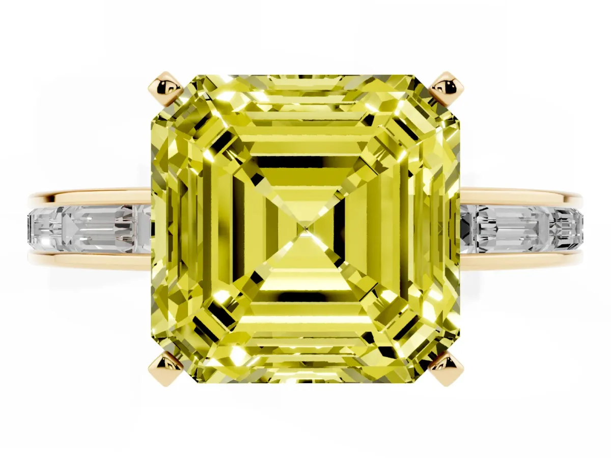Fancy Yellow Asscher Cut Solitaire Diamond Ring with Channel-Set Baguette Band and Four-Prong Setting Yellow gold