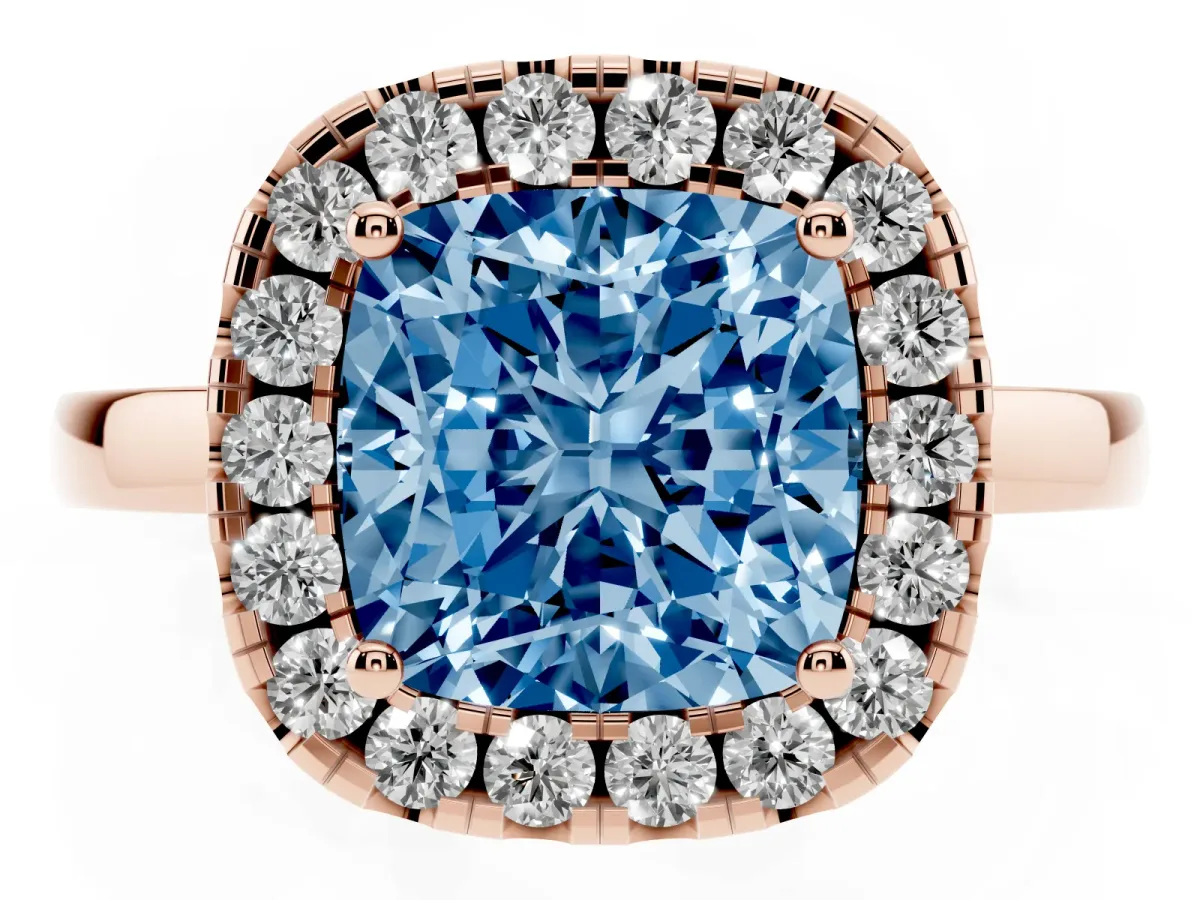 Fancy Blue Cushion Cut Halo Diamond Solitaire with Pavé Band and Four-Prong Setting Rose gold