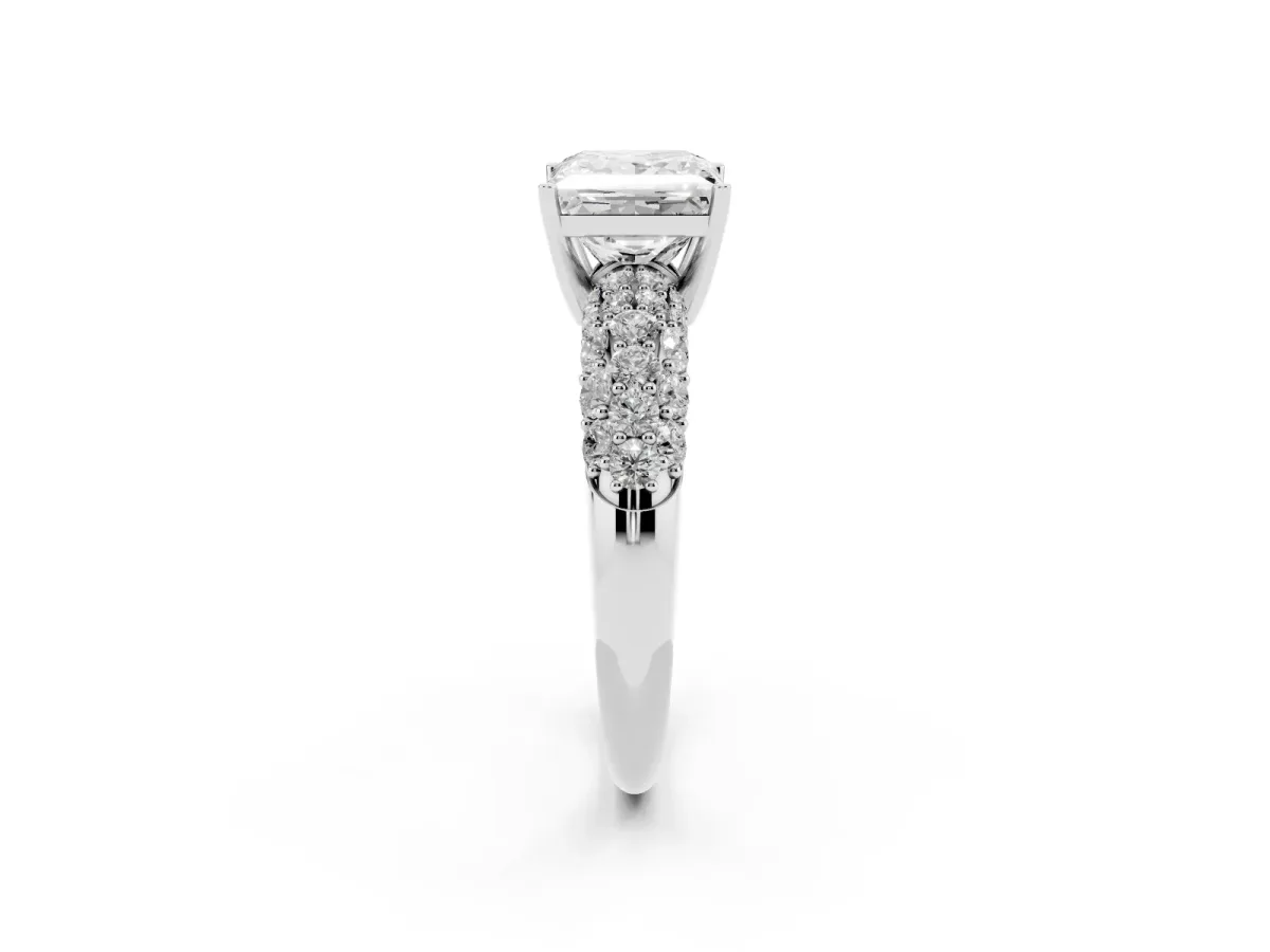 Princess Cut Diamond Pavé Band Solitaire Ring with Four-Prong Setting Platinum