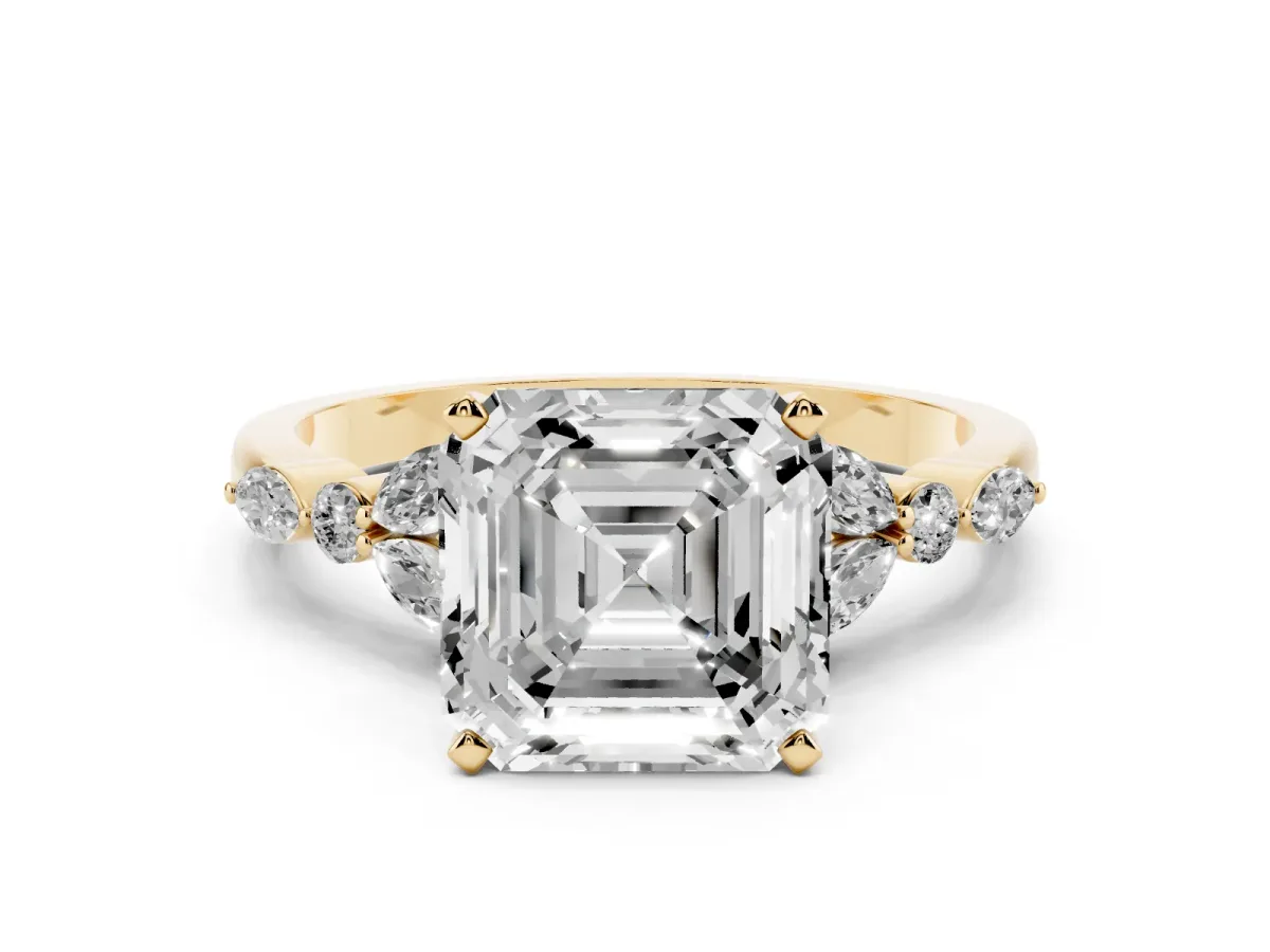 Asscher Cut Diamond Solitaire Ring with Side Stones and Four-Prong Setting Yellow gold