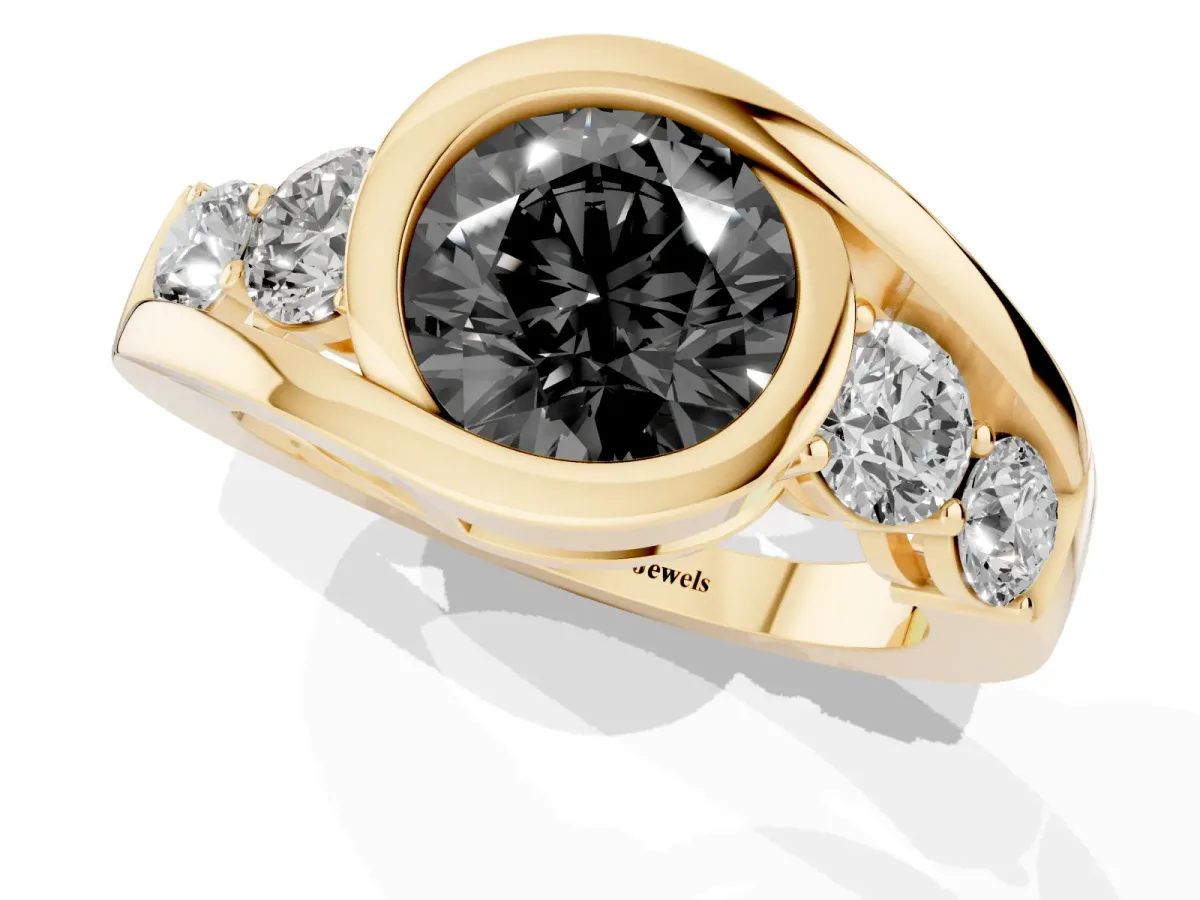 Fancy Black Bezel Set Round Cut Diamond Bypass Ring with Round Accents Yellow gold