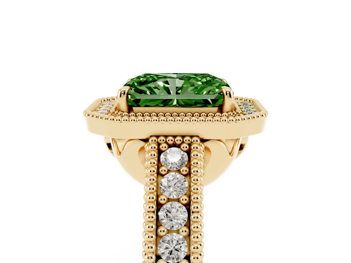 Fancy Green Radiant Cut Cut Halo Diamond Ring with Pavé Band and Four-Prong Setting Yellow gold