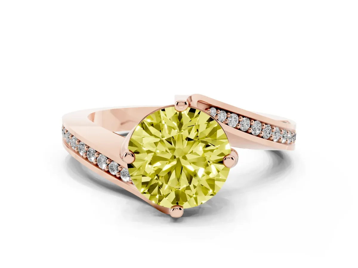 Fancy Yellow Round Cut Solitaire Diamond Twist Band with Pavé Setting and Four-Prong Setting Rose gold