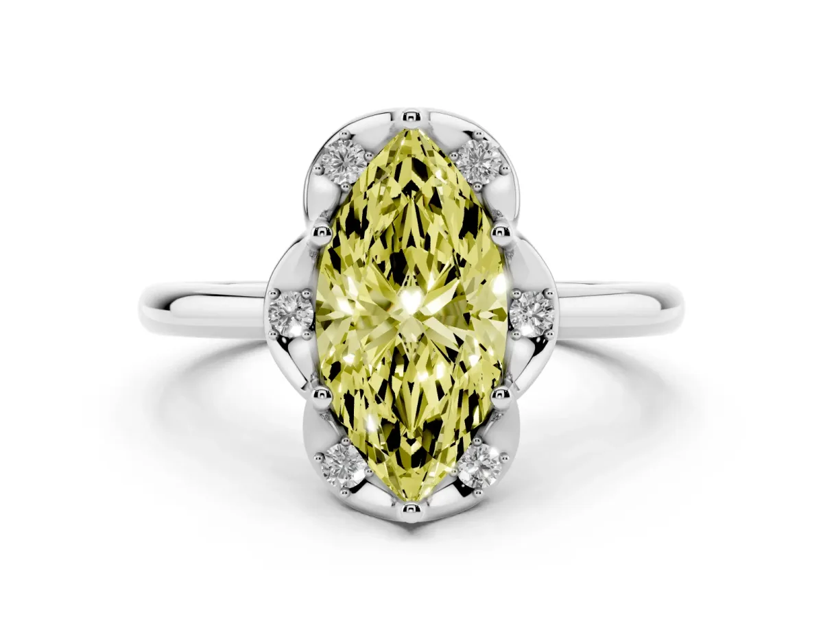 Fancy Yellow Marquise Cut Halo Diamond Ring with Round Cluster Setting, Solitaire Band, and Four-Prong Setting White gold