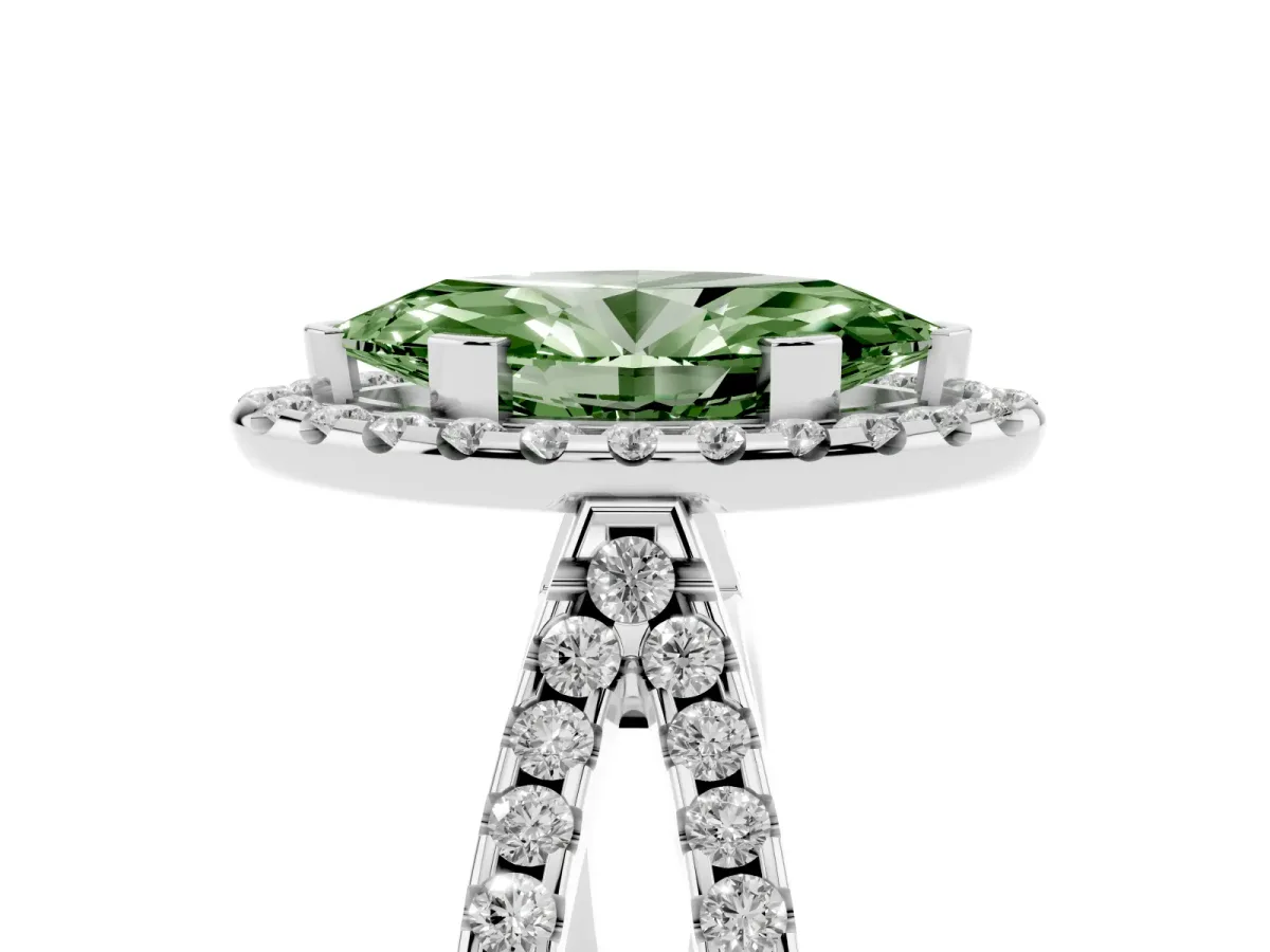 Fancy Green Marquise Cut Diamond Halo Ring with Split Shank Pavé Band and Prong Setting Silver