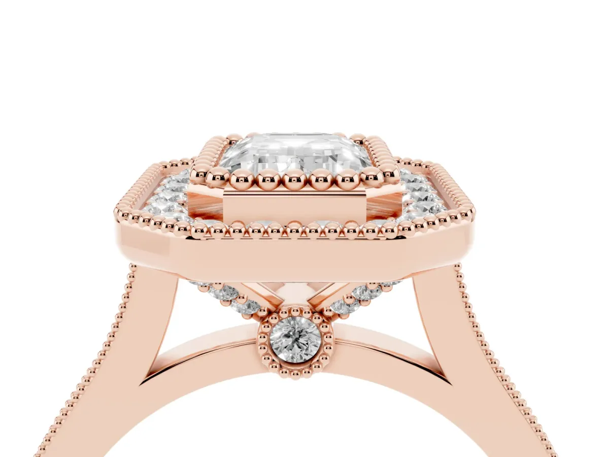 Emerald Cut Diamond Halo Ring with Milgrain Frame and Pavé Band Rose gold