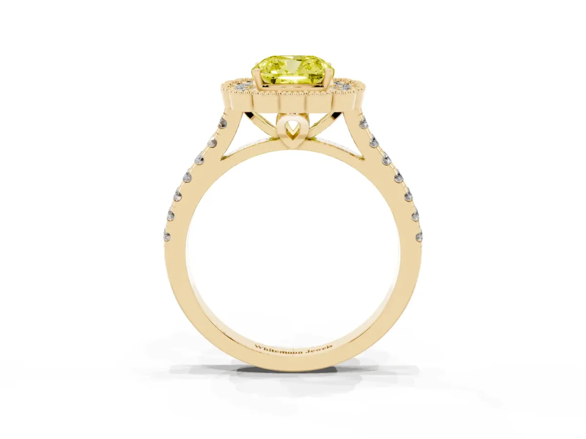 Fancy Yellow Cushion Cut Cut Diamond Milgrain Floral Halo Engagement Ring with Pavé Band Yellow gold
