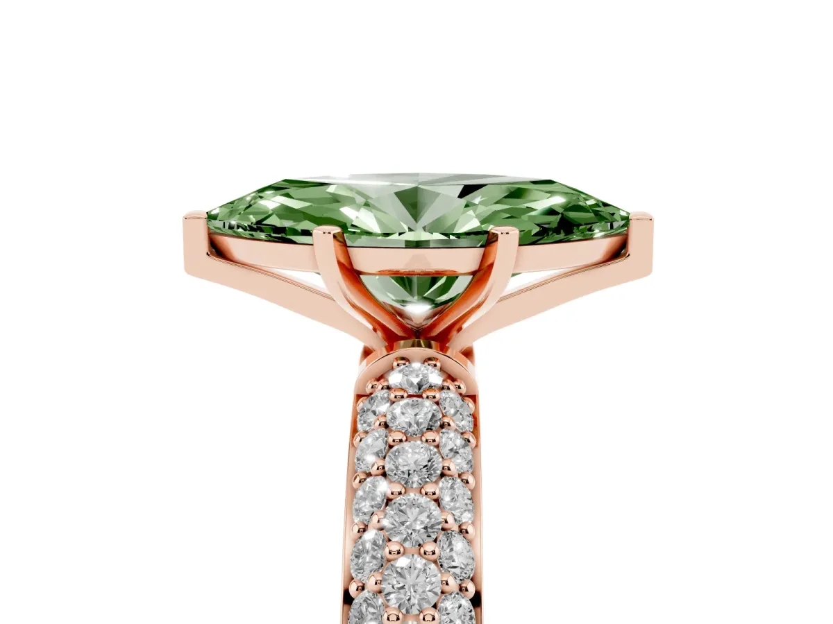 Fancy Green Marquise Cut Diamond Solitaire Ring with Prong Setting and Pavé Band Rose gold