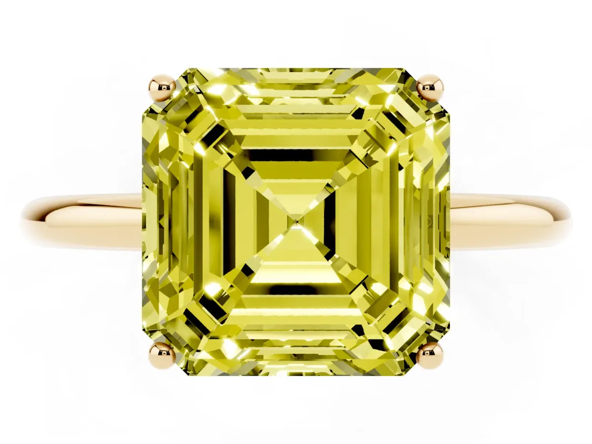 Fancy Yellow Asscher Cut Solitaire Diamond Ring with a Classic Band and Four-Prong Setting Yellow gold