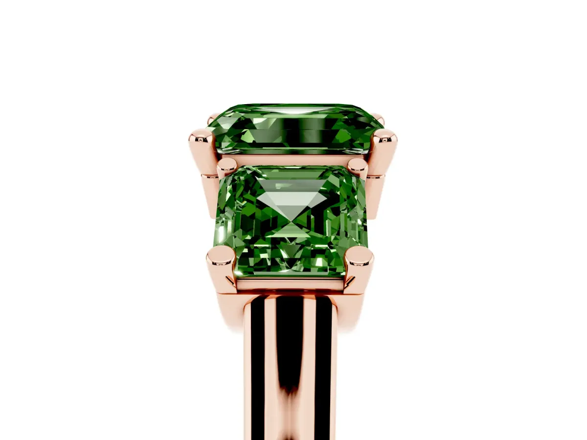 Fancy Green Three-Stone Asscher Cut Brilliant Diamond Trellis Ring with Comfort Fit Band Rose gold