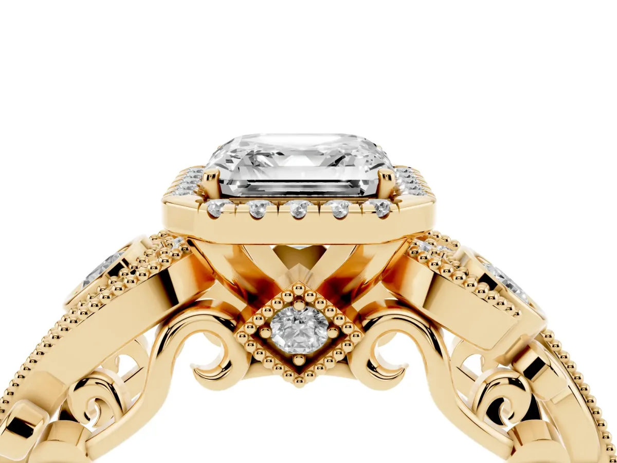 Asscher Cut Diamond Halo Ring with Milgrain Pavé Band and Four-Prong Setting Yellow gold