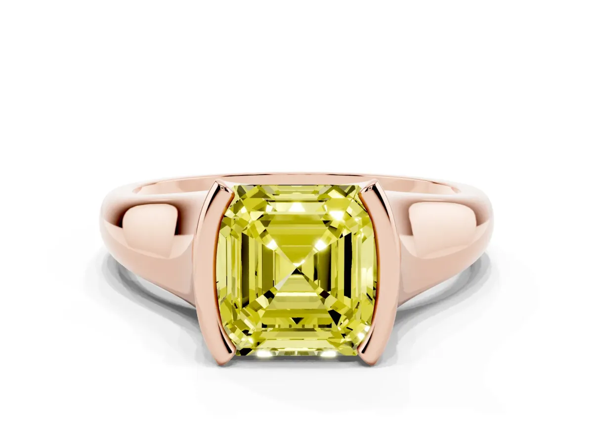 Fancy Yellow Asscher Cut Solitaire Tension Set Diamond Ring with Split Shank Band Rose gold