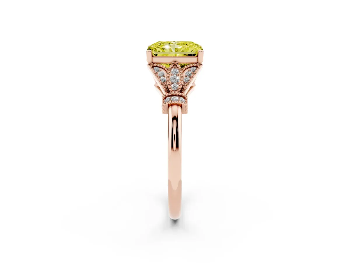 Fancy Yellow Radiant Cut Diamond Solitaire Ring with Floral Filigree and Pave Accents Rose gold