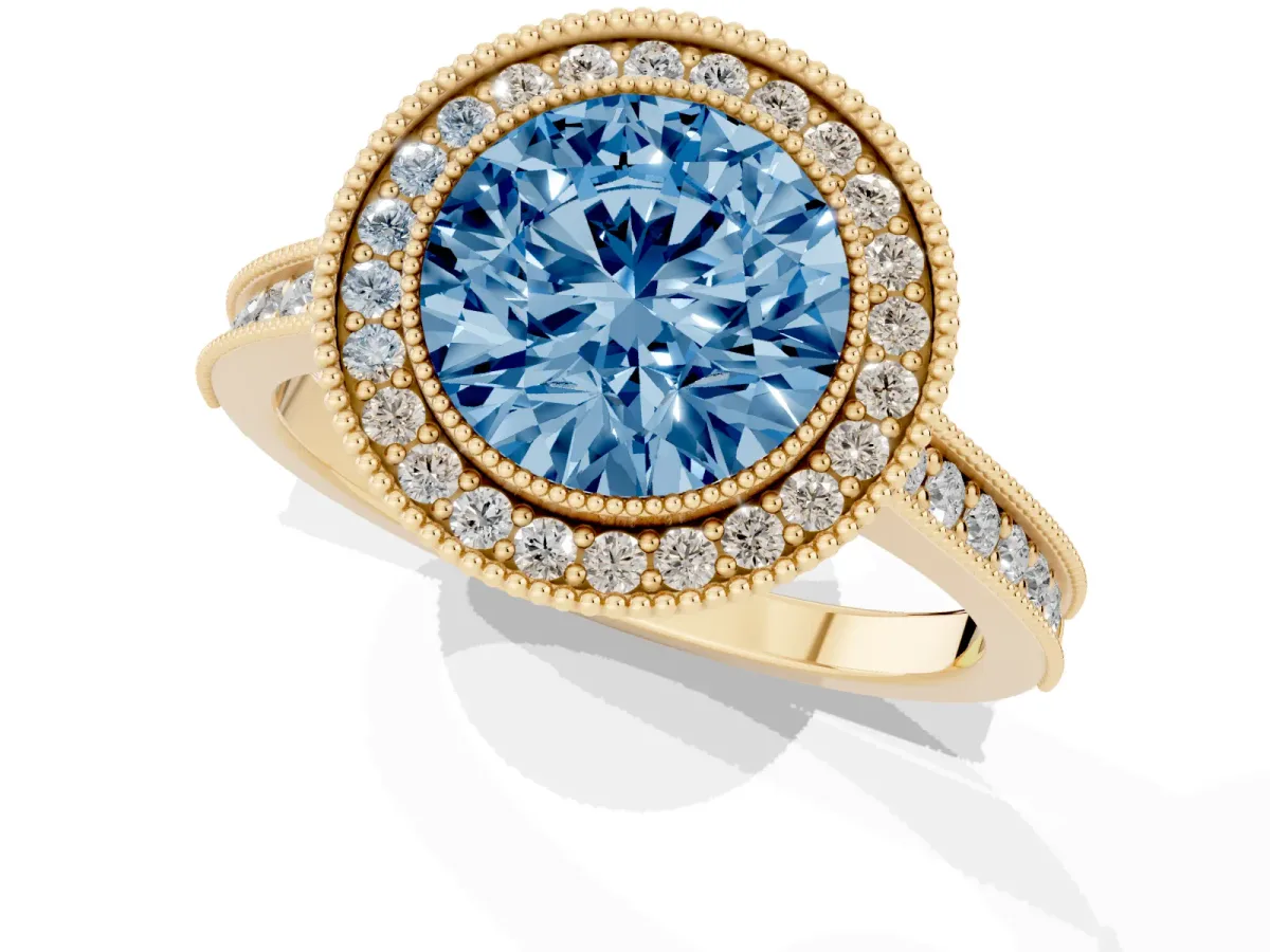Fancy Blue Halo Round Cut-Cut Diamond Pave Band Milgrain Prong Setting Ring Yellow gold