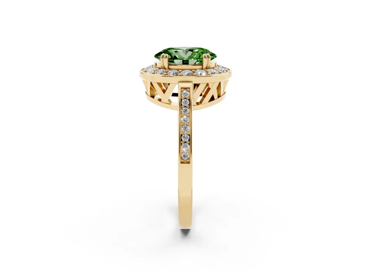 Fancy Green Oval Cut Diamond Halo Ring with Split Shank and Four-Prong Setting Yellow gold