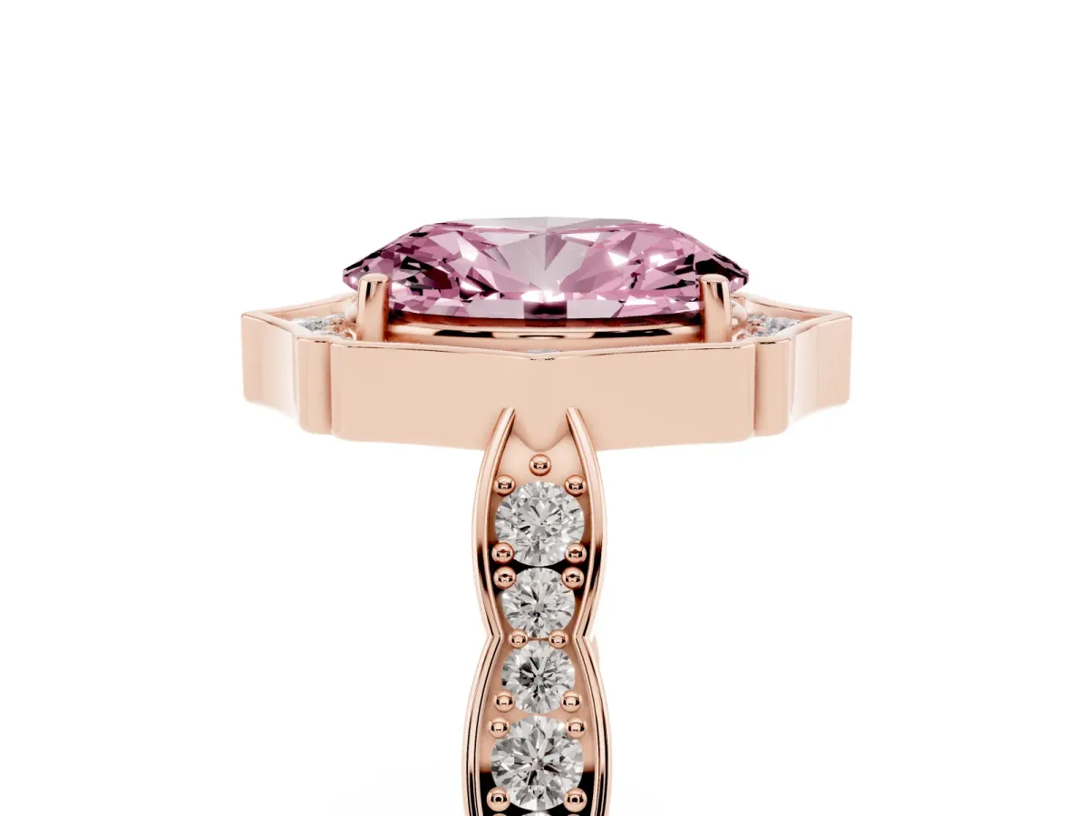 Fancy Pink Oval Cut Halo Diamond Engagement Ring with Milgrain Band and Four-Prong Setting Rose gold