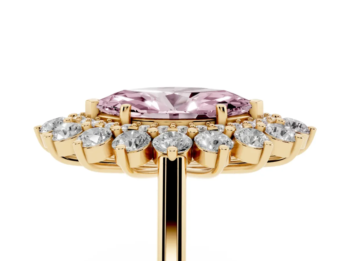 Fancy Pink Marquise Cut Diamond Floral Double Halo Engagement Ring with Prong Setting Yellow gold