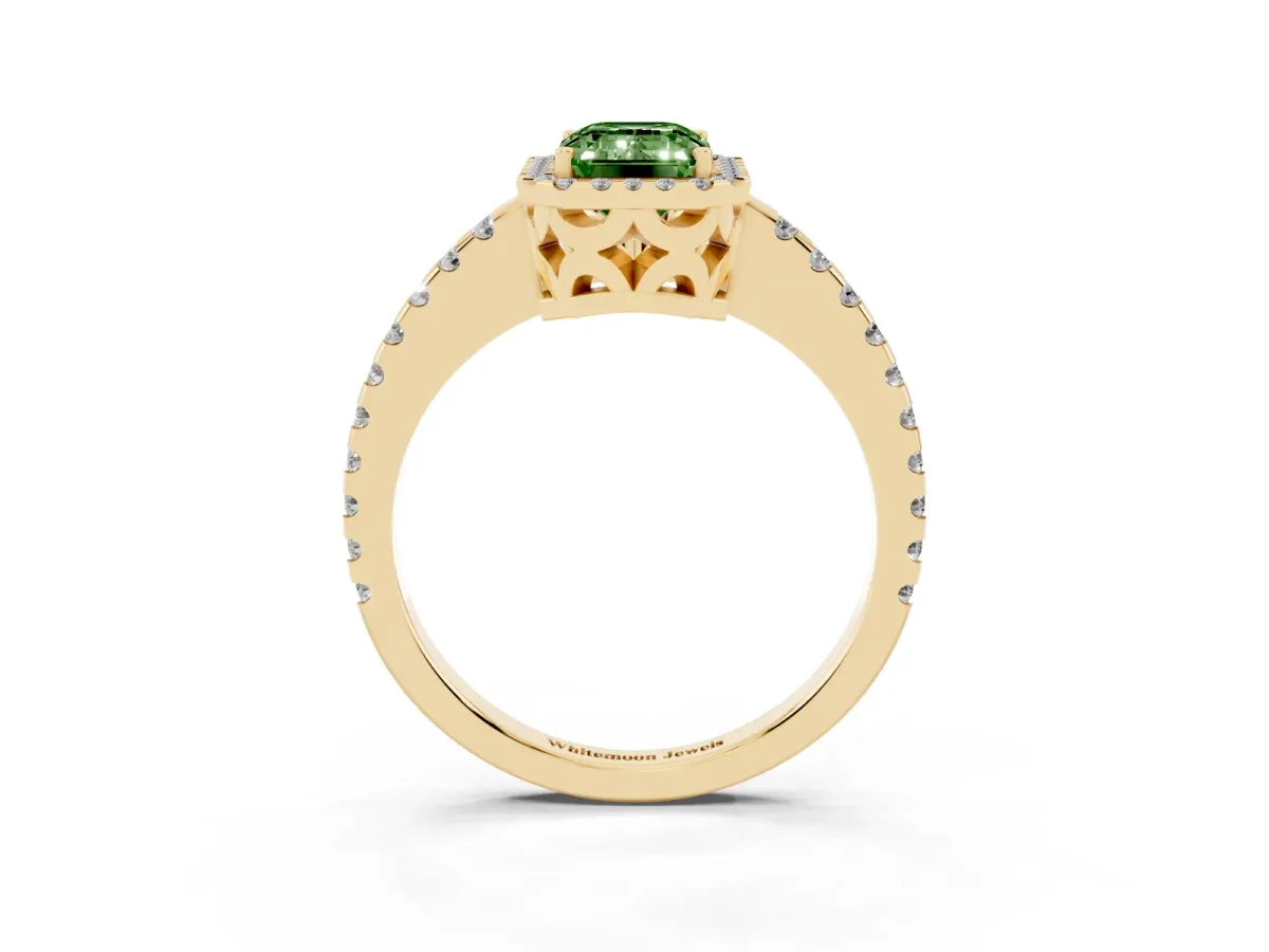 Fancy Green Emerald Cut Diamond Halo Engagement Ring with Pavé Band and Prong Setting Yellow gold