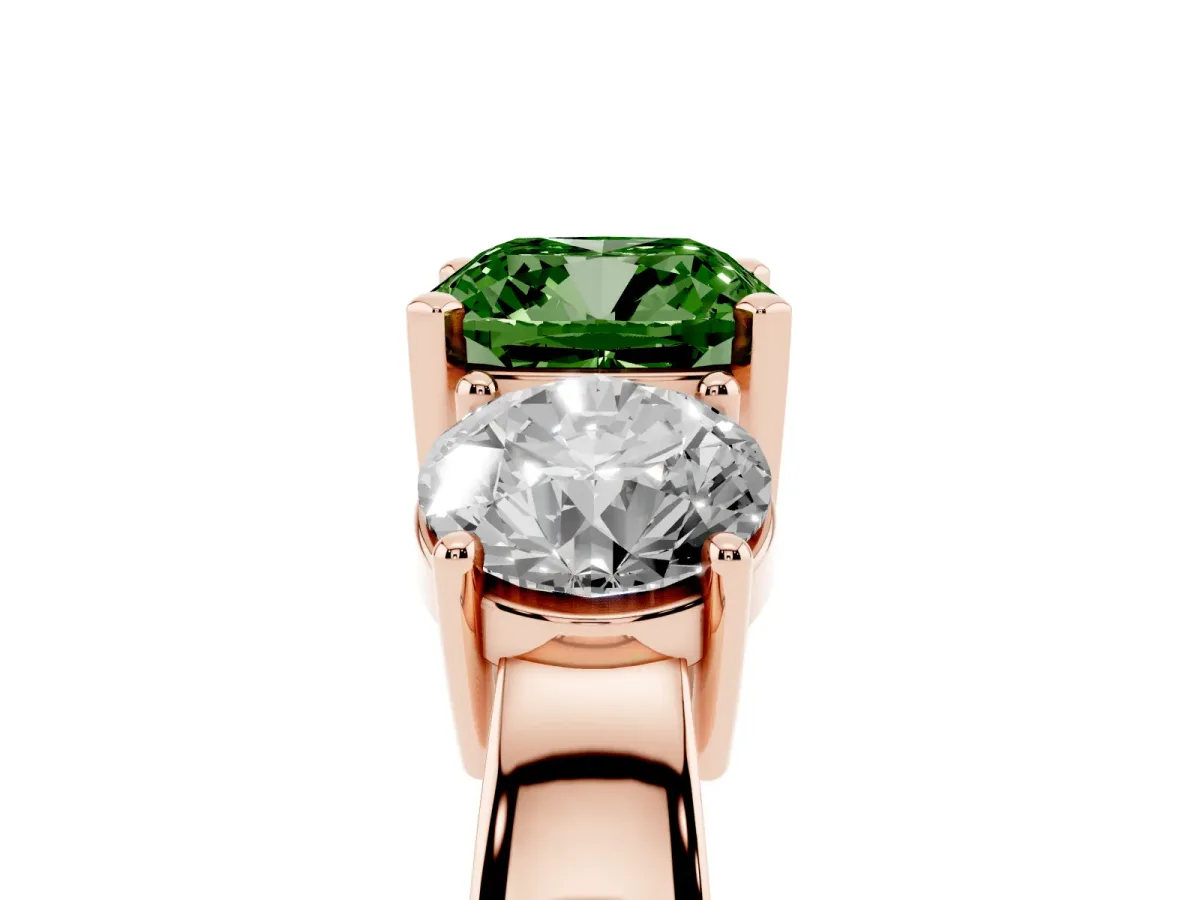 Fancy Green Three-Stone Cushion Cut Diamond Ring with Round Side Stones, Classic Band, and Four-Prong Setting Rose gold