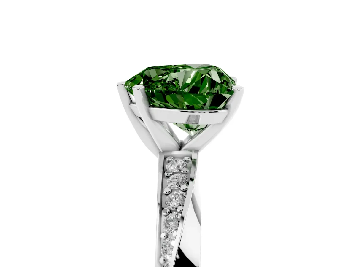 Fancy Green Heart Cut Diamond Engagement Ring with Side Stone Accents and Four-Prong Setting Silver