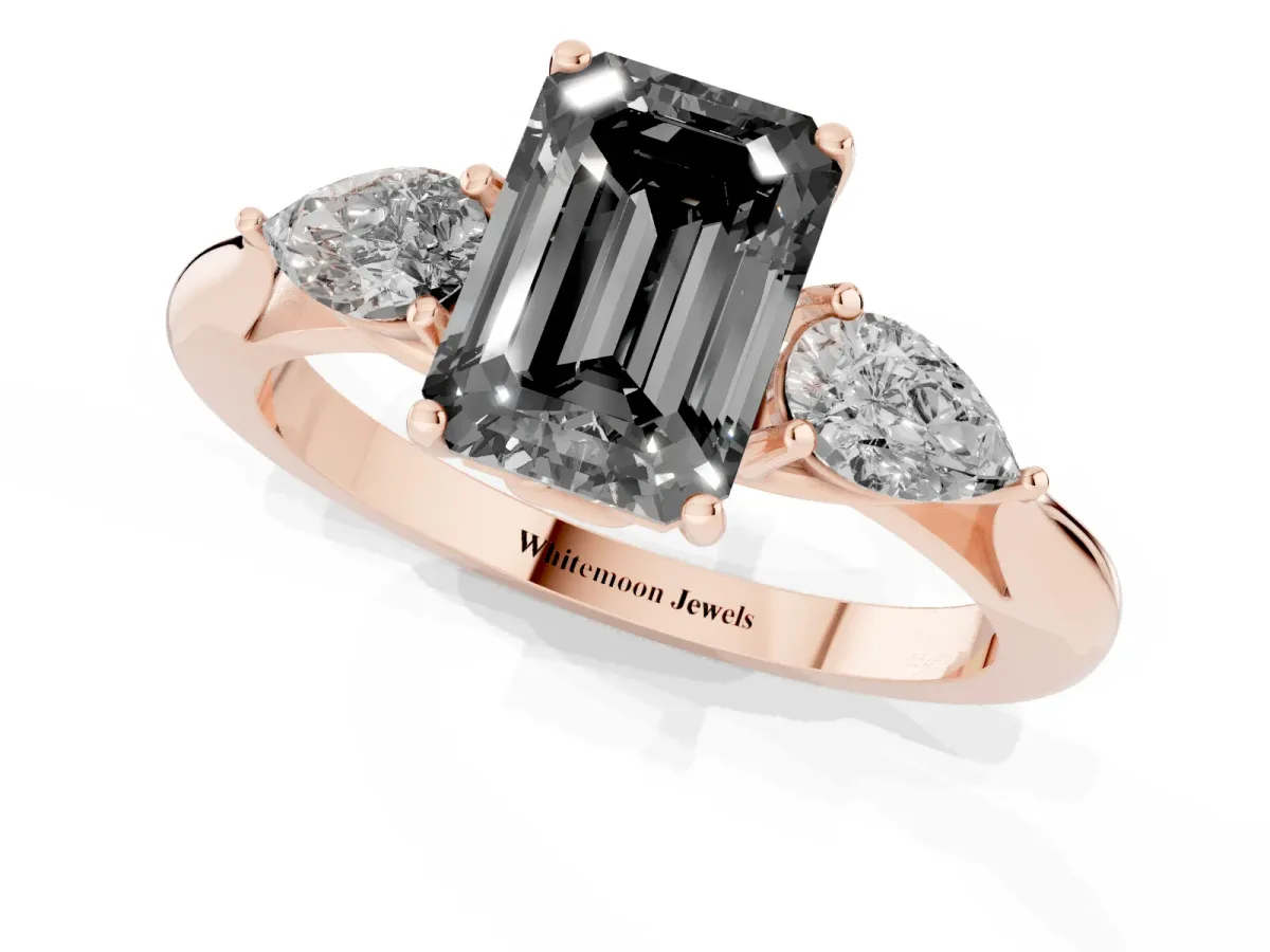 Fancy Black Three-Stone Emerald Cut Brilliant Diamond Solitaire Ring with Tapered Band and Four-Prong Setting Rose gold