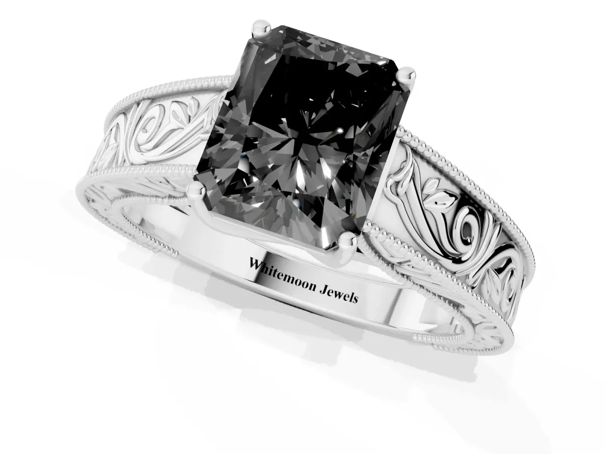 Fancy Black Radiant Cut Diamond Solitaire Ring with Engraved Band and Four-Prong Setting Platinum