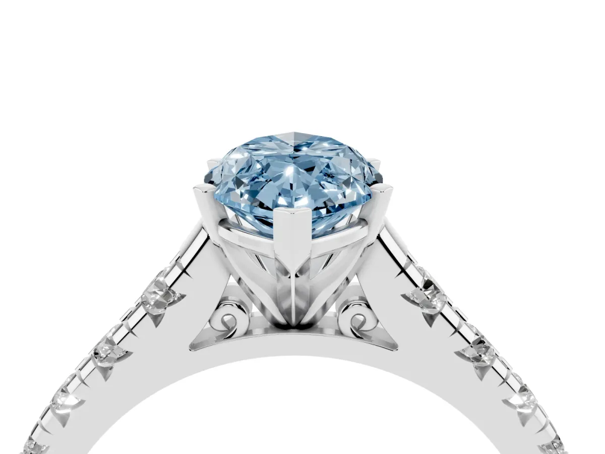 Fancy Blue Marquise Cut Diamond Cathedral Solitaire Ring with Round Pavé Band Silver