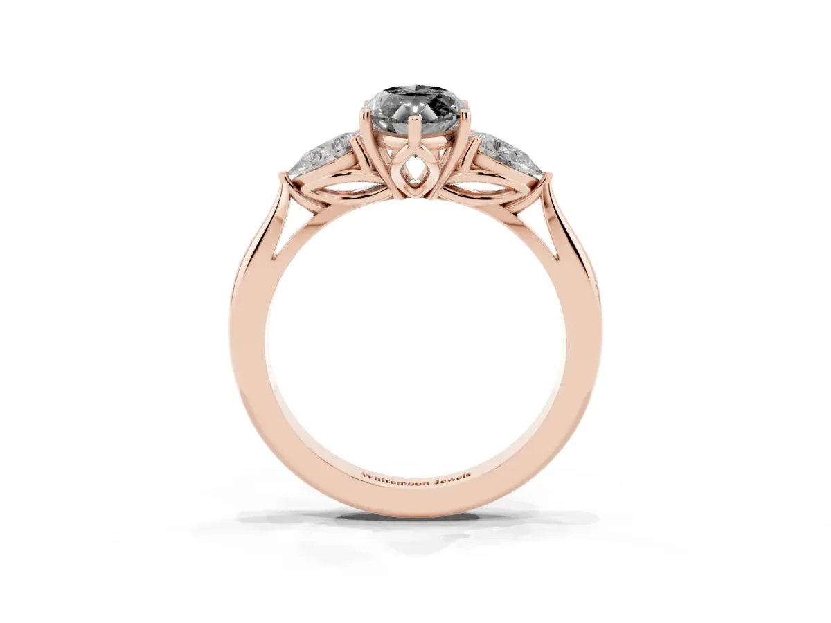 Fancy Black Three-Stone Marquise Cut Brilliant Diamond Solitaire Ring with Tapered Band and Four-Prong Setting Rose gold