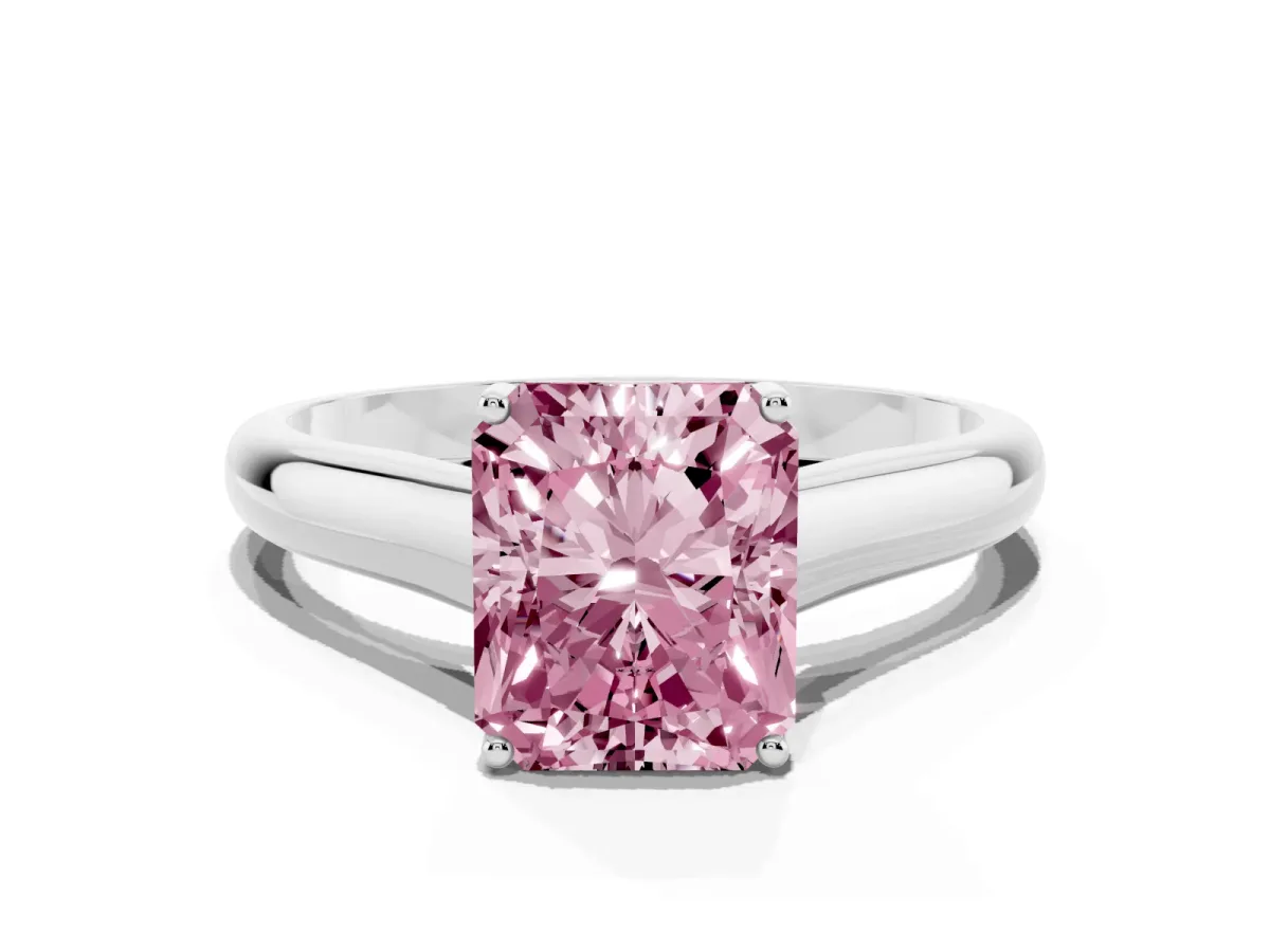 Fancy Pink Radiant Cut Solitaire Engagement Ring with Tapered Band and Four-Prong Setting Silver