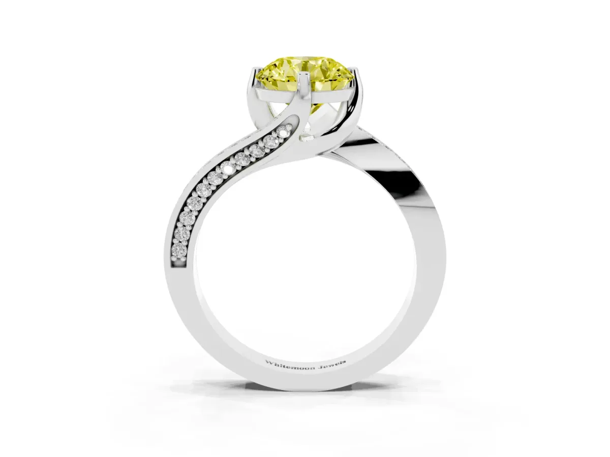 Fancy Yellow Round Cut Solitaire Diamond Twist Band with Pavé Setting and Four-Prong Setting Silver