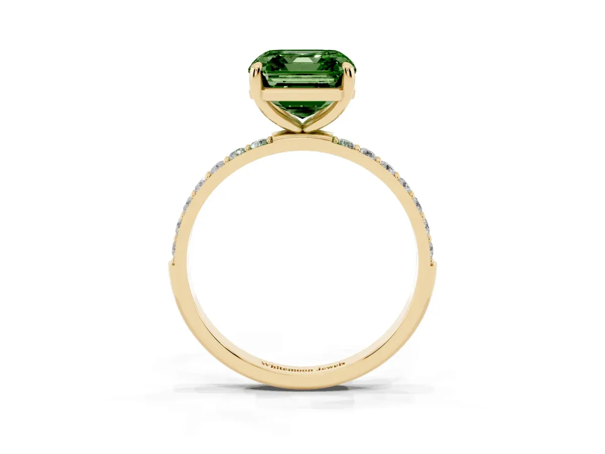Fancy Green Asscher Cut Diamond Solitaire Ring with Round Pavé Band and Prong Setting Yellow gold