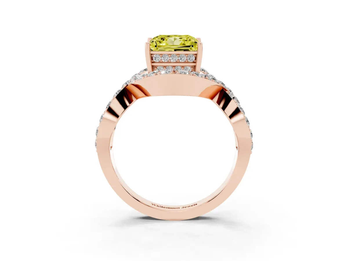 Fancy Yellow Princess Cut Solitaire Twist Band Pavé Diamond Engagement Ring Rose gold
