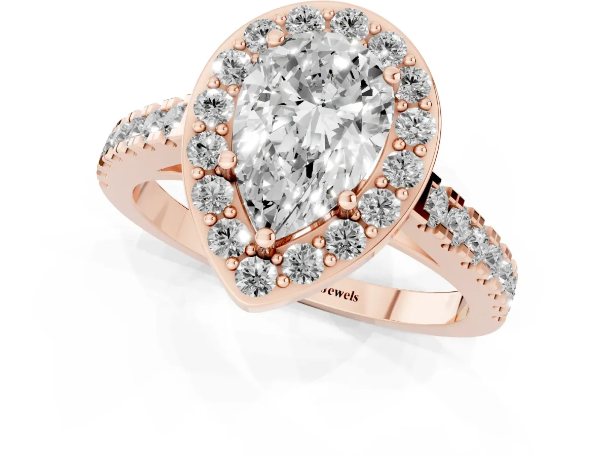 Pear Cut Diamond Halo Ring with Round Pavé Split Shank and Prong Setting Rose gold