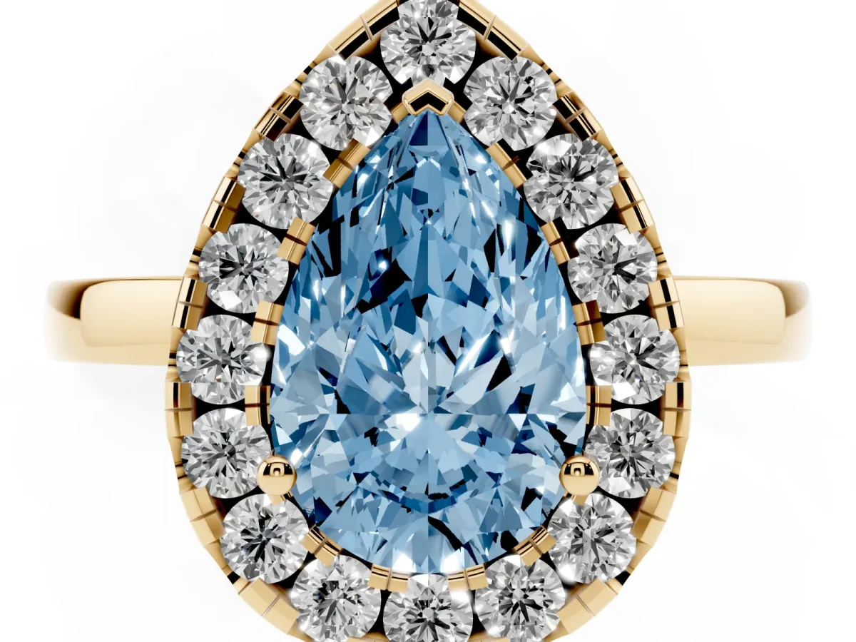 Fancy Blue Pear Cut Halo Diamond Solitaire with Pavé Band and Four-Prong Setting Yellow gold
