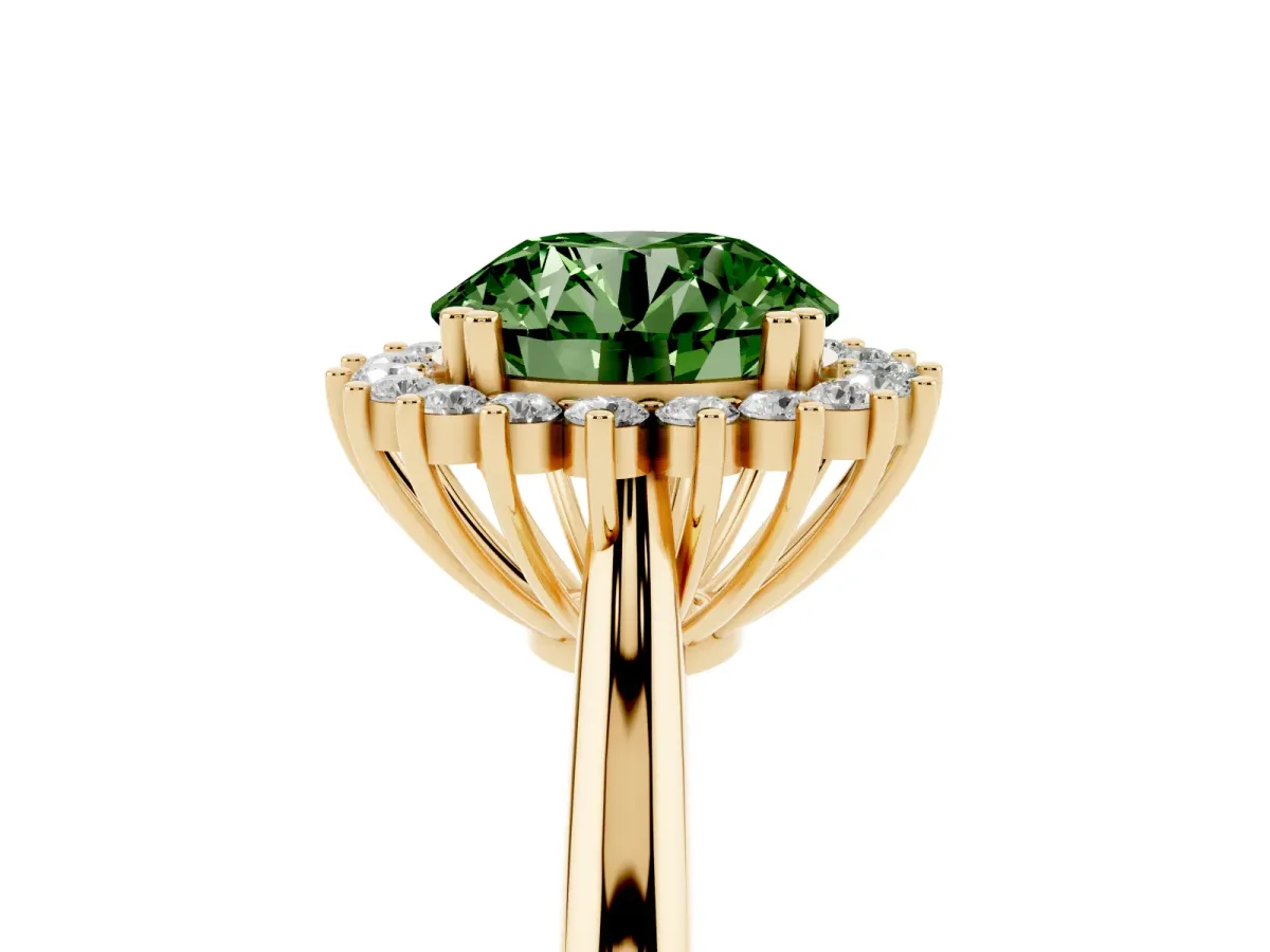 Fancy Green Round Cut Cut Diamond Halo Ring with Solitaire Band and Prong Setting Yellow gold