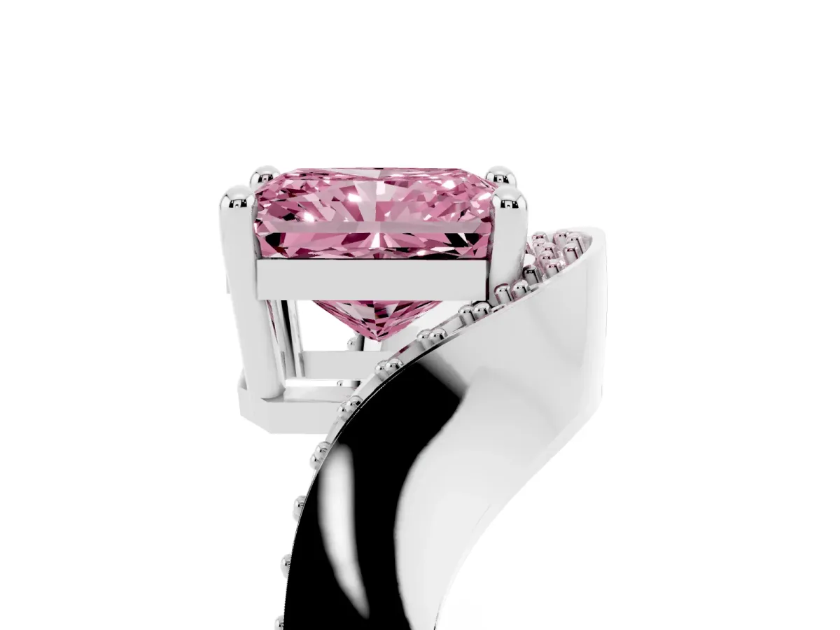 Fancy Pink Radiant Cut Solitaire Diamond Engagement Ring with Pave Band and Four-Prong Setting Silver