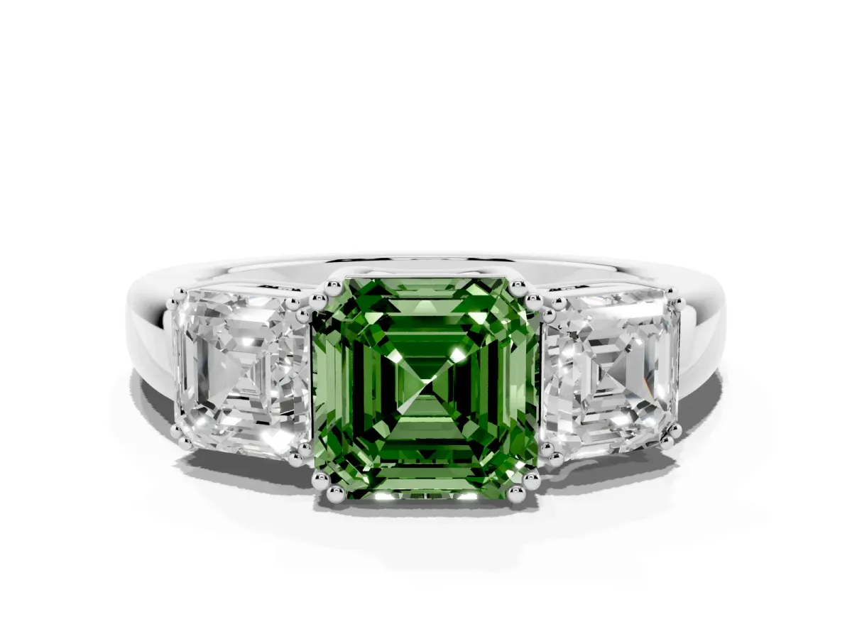 Fancy Green Three-Stone Asscher Cut Cut Diamond Ring with Channel Set Band and Four-Prong Setting Platinum