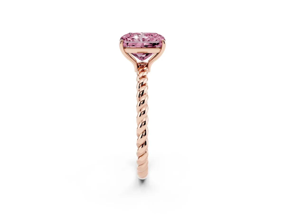 Fancy Pink Radiant Cut Solitaire Twist Band Ring with Four-Prong Setting Rose gold