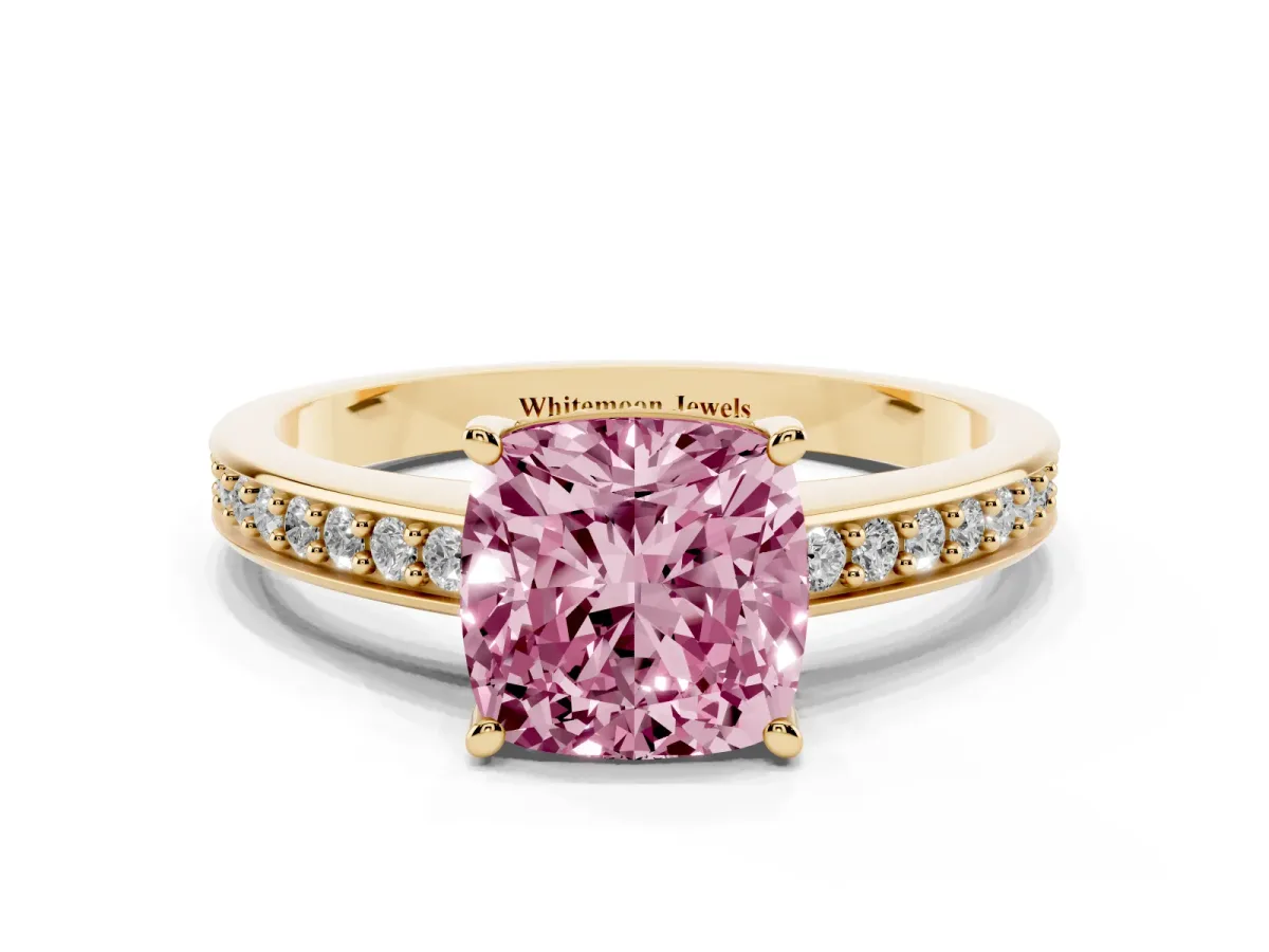 Fancy Pink Cushion Cut Solitaire Pavé Band Prong Setting Ring Yellow gold
